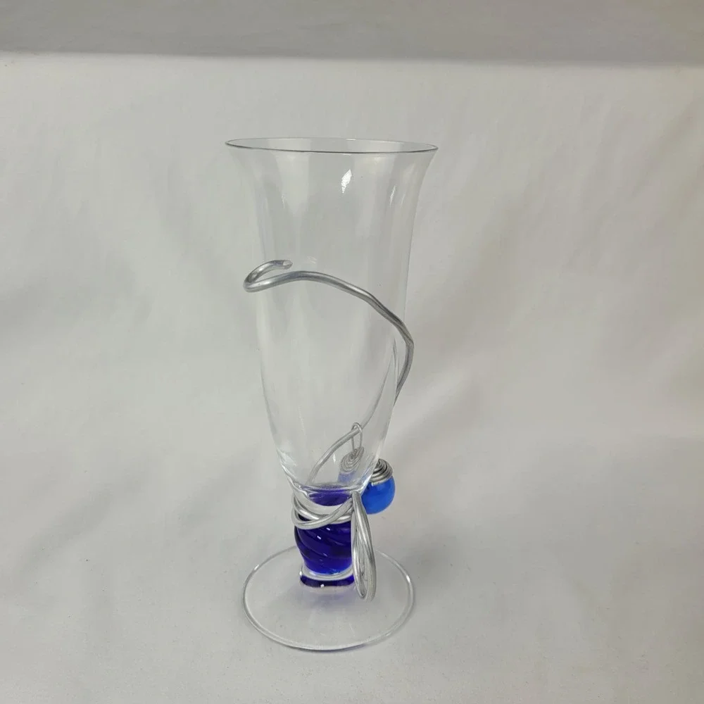 Art Glass Vase Cobalt Blue Twisted Stem Silver Wire Wrap Spiral